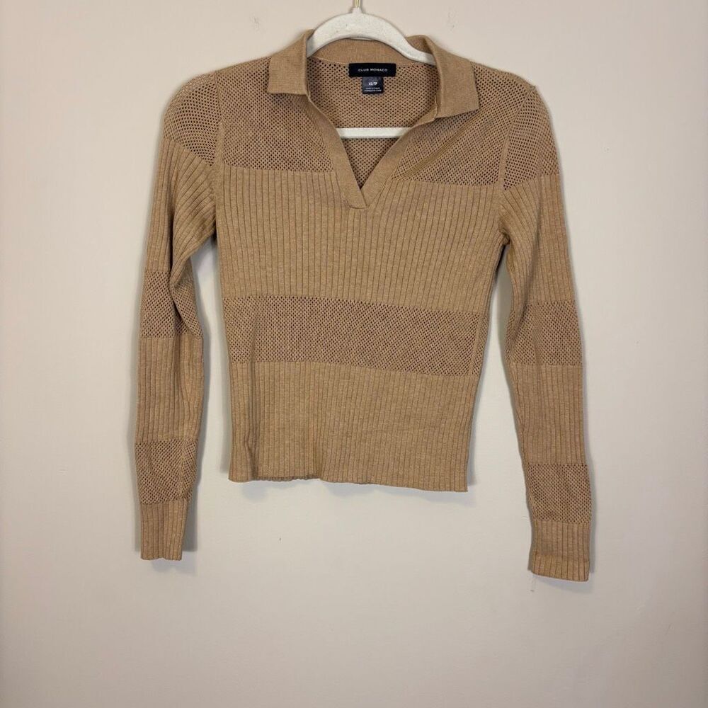Club Monaco Tan Ribbed & Perforated Collared Cropped Long Sleeve Sweater XS